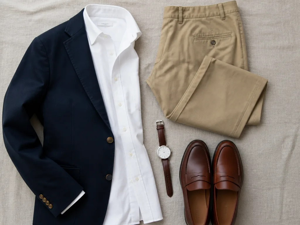 Flatlay av en smart casual-outfit med marinblå blazer, vit skjorta, chinos, bruna loafers och en klocka